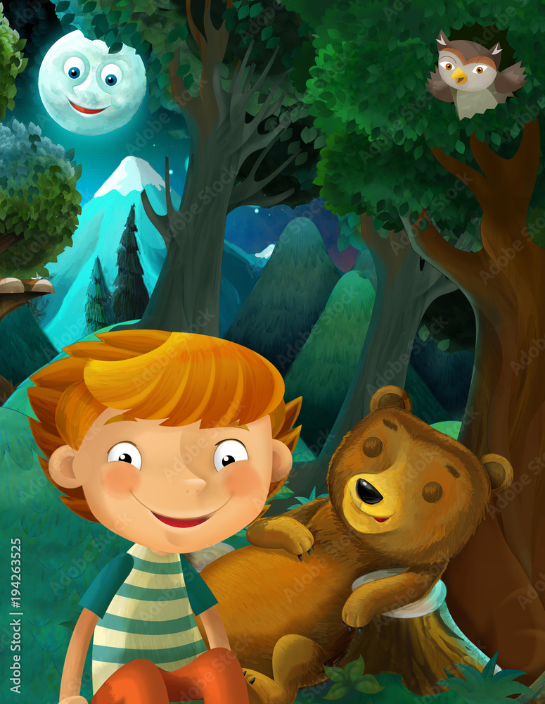Fototapeta sceny kreskówki z dzikich zwierząt niedźwiedź sowa i chłopiec odpoczynku w lesie - ilustracja dla dzieci