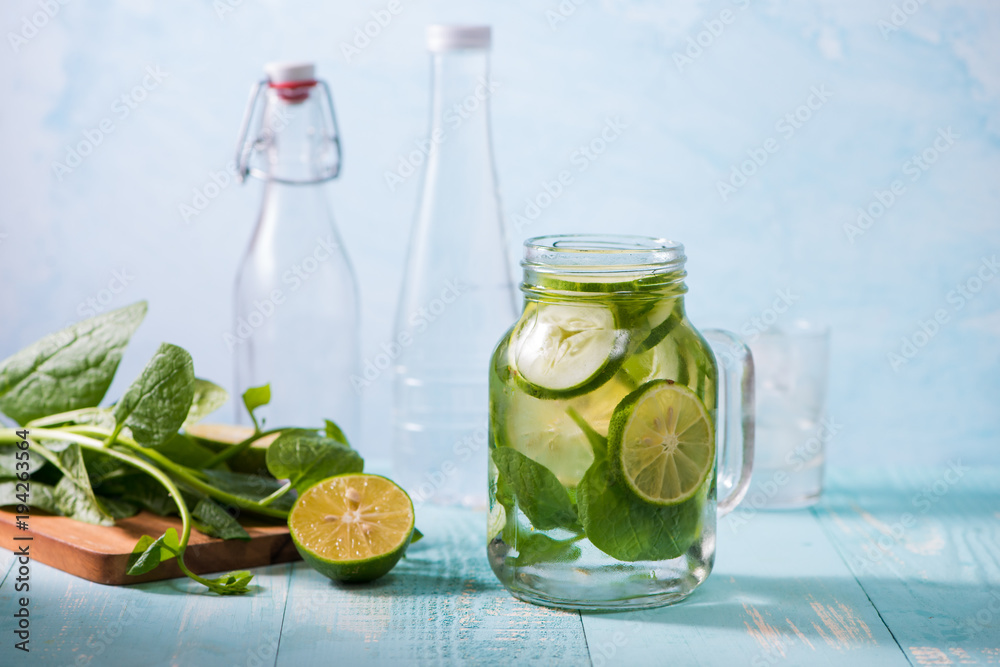 Detox water with vegetables and fruits. Diet healthy eating and weight loss. Detox water with vegetables and fruits. Diet healthy eating and weight loss.