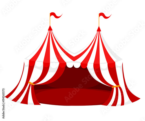 Red and white circus or carnival tent with flags and red floor vector illustration on white background web site page and mobile app design