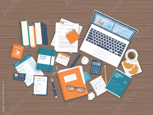 Workplace Desktop background. Top view of wooden table, laptop, books, folder with documents, notepad, business card, purse, calendar, headphones, glasses, books, pencil, coffee with croissants Vector