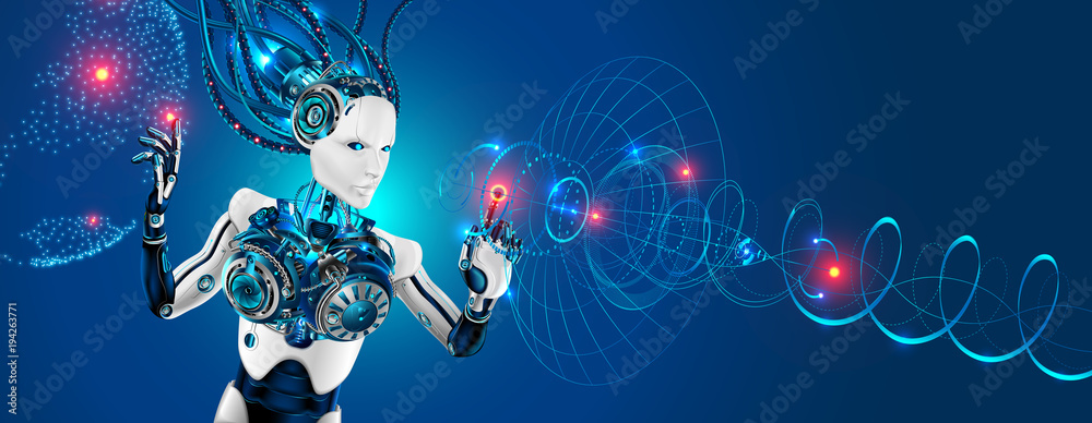 Robot with artificial intelligence control global communications. Robot use virtual hud interface. Technology satellite communication network and internet. Vector abstract future industrial background