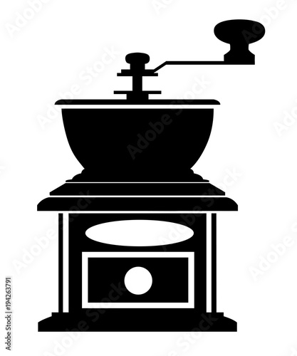 Black silhouette classic coffee grinder manual coffee mill vector illustration isolated on white background