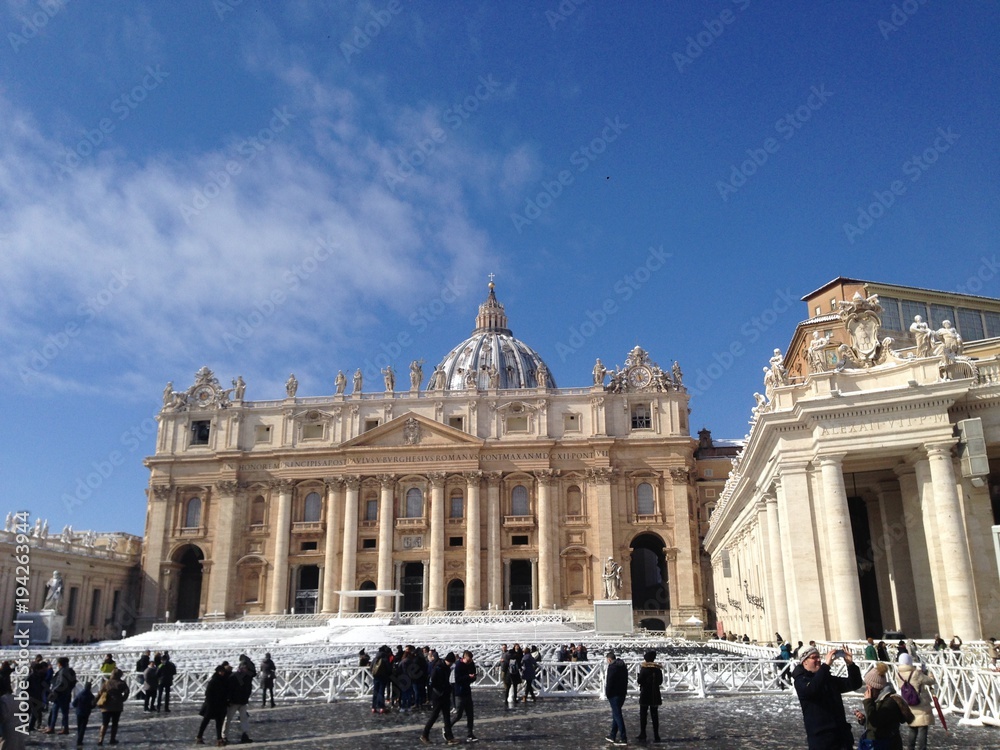 Rome, Italy, under the snow, facade of the Papal Basilica of St. Peter in the Vatican
