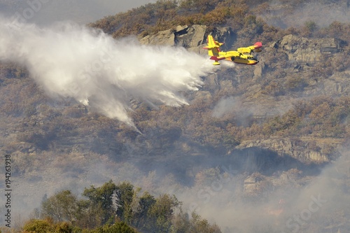 A yellow aircraft Canadair or water bomber in action on a wildfire