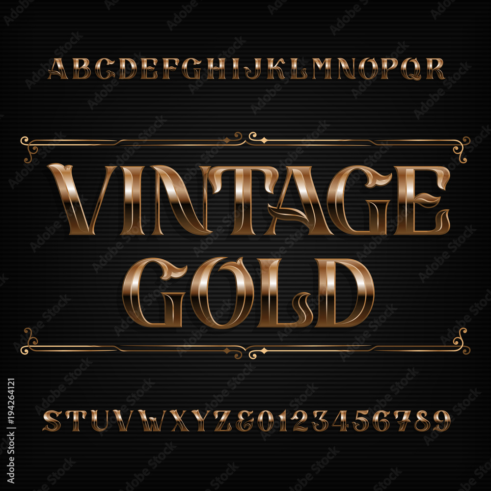 Naklejka Vintage gold alphabet font. Ornate metal effect letters and numbers. Stock vector typeface for your design.