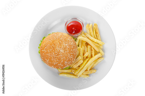 Burger with French fries and ketchup, barbecue sauce. View from above. Serving, serving for a cafe, a restaurant in the menu. Isolated, white background on plate