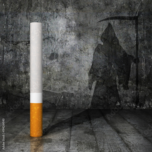 концепция саморазрушения. Сигарета бросает тень на стену  в форме смерти, в темную комнату. 3д иллюстрация