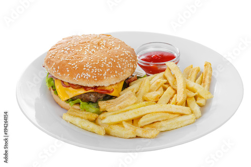 Burger with French fries and ketchup, barbecue sauce. Side view. Serving, serving for a cafe, a restaurant in the menu. Isolated, white background on plate