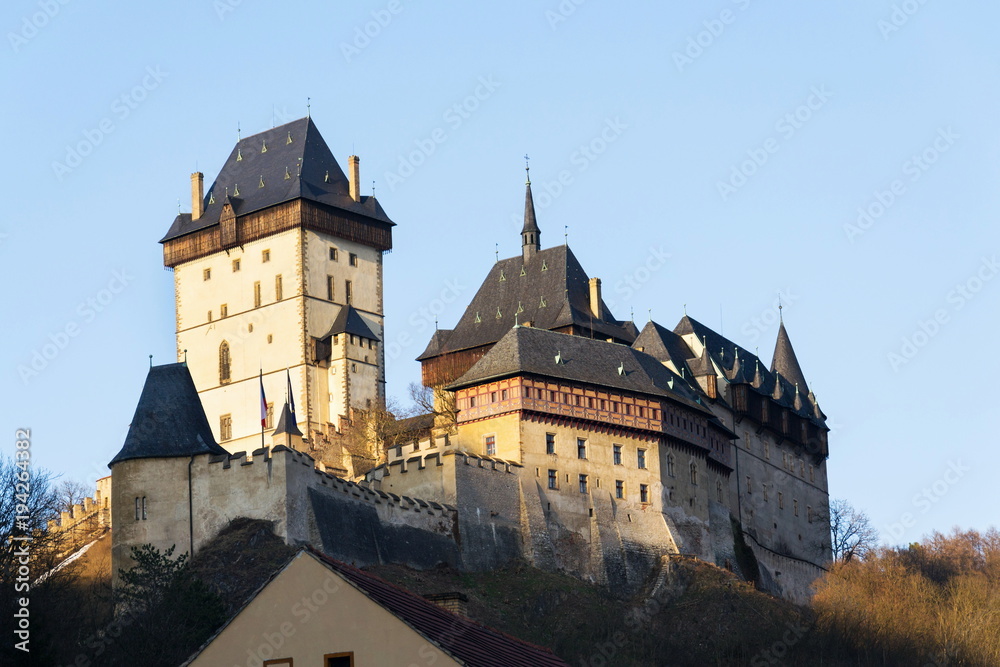Gothic castle Karlstejn founded by Charles IV, Holy Roman Emperor and King of Bohemia, Bohemia, Czech Republic on a sunny spring day