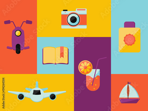 Travelling icons set, such as: moto scooter, book, cocktail, plane, ship, camera, suncream photo