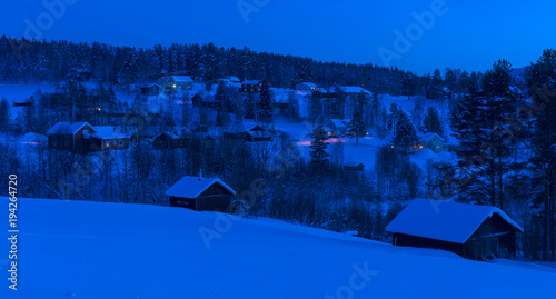 the little village of Petiknas at night. The winter in swedish Lapland