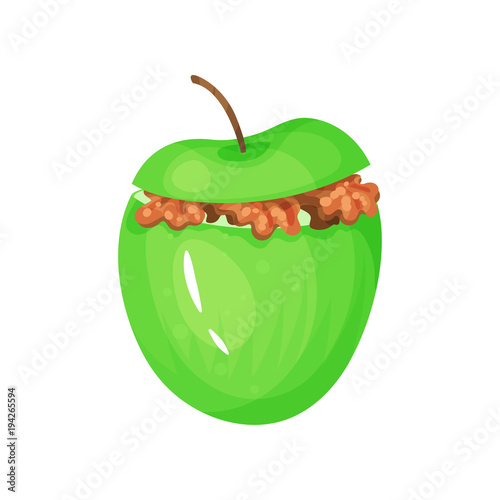 Green baked apple with caramel stuffing. Delicious fruit dessert. Healthy eating. Vegetarian nutrition. Cartoon food icon. Colorful flat vector illustration