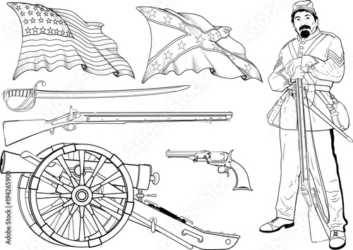 Set of images of the Civil War in the United States arms, flags and a soldier with a rifle