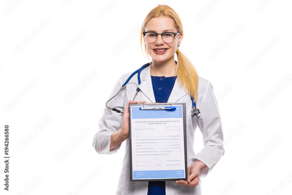 Woman doctor in white coat with clipboard Woman doctor in white coat with clipboard