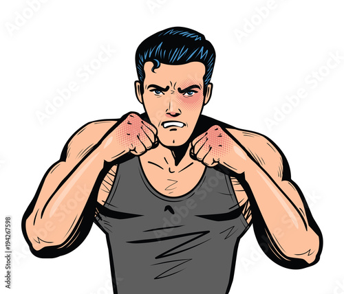 Fighter with fists. Fight club, combat, fighting or boxing in pop art retro comic style. Cartoon vector illustration