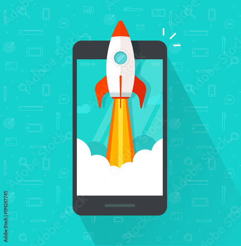 Startup vector concept, flat cartoon rocket or rocketship launch, mobile phone or smartphone, idea of successful business project start up, boost technology, innovation strategy release isolated