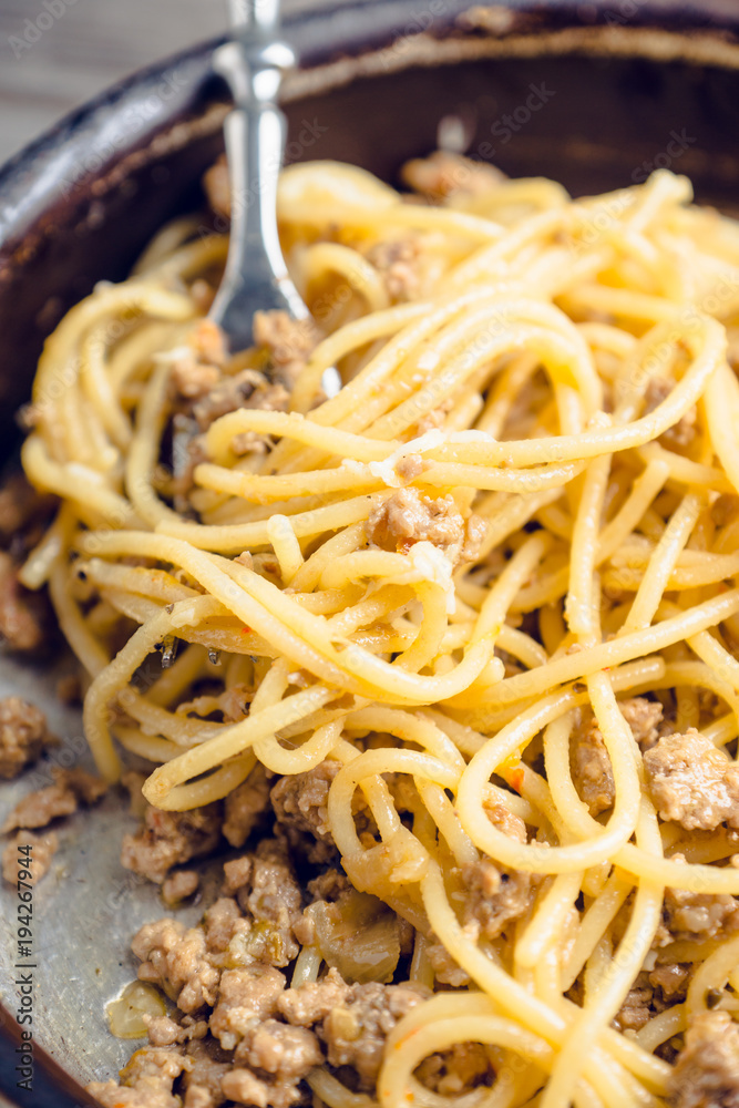 Fresh pasta with meat and cheese. Selective focus. Fresh pasta with meat and cheese. Selective focus.