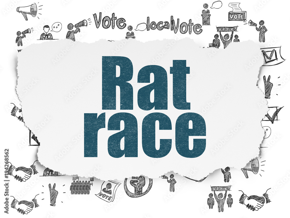 Political concept: Painted blue text Rat Race on Torn Paper background with  Hand Drawn Politics Icons