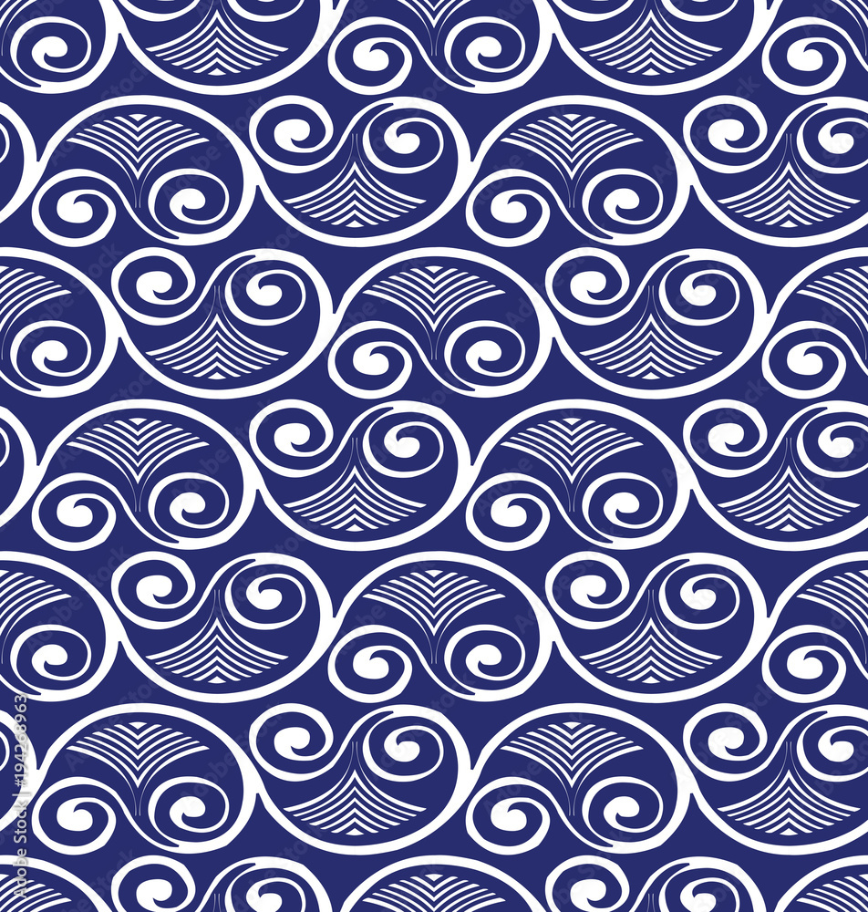 Vector damask seamless pattern background round spiral curve vortex cross frame fan vine