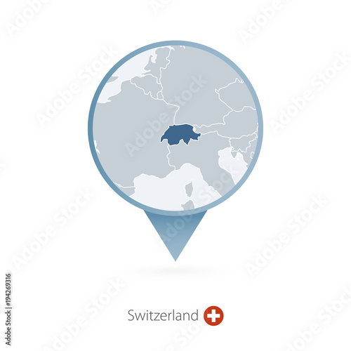 Map pin with detailed map of Switzerland and neighboring countries.