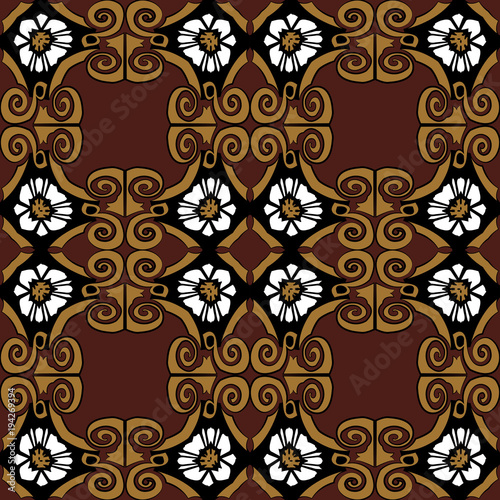 Vector damask seamless pattern background retro brown square spiral curve cross frame vine white flower
