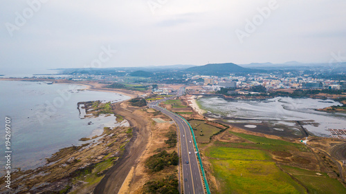 Sunrise of Jeju Do City at Seongsan Ilchulbong , Jeju Island, South Korea.