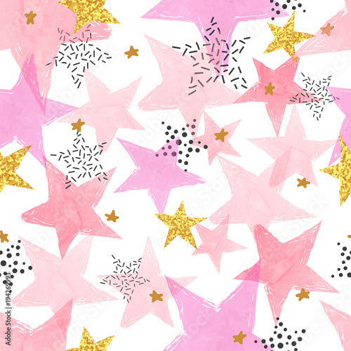 Seamless stars pattern. Vector background with watercolor pink and glittering golden stars.