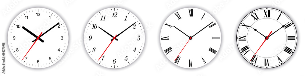 Four different clock faces over white, with regular, italic and fraktur numerals. Parts of analog clocks, or watches. Displays time through the use of a dial and moving hands. Illustration. Vector. Four different clock faces over white, with regular, italic and fraktur numerals. Parts of analog clocks, or watches. Displays time through the use of a dial and moving hands. Illustration. Vector.