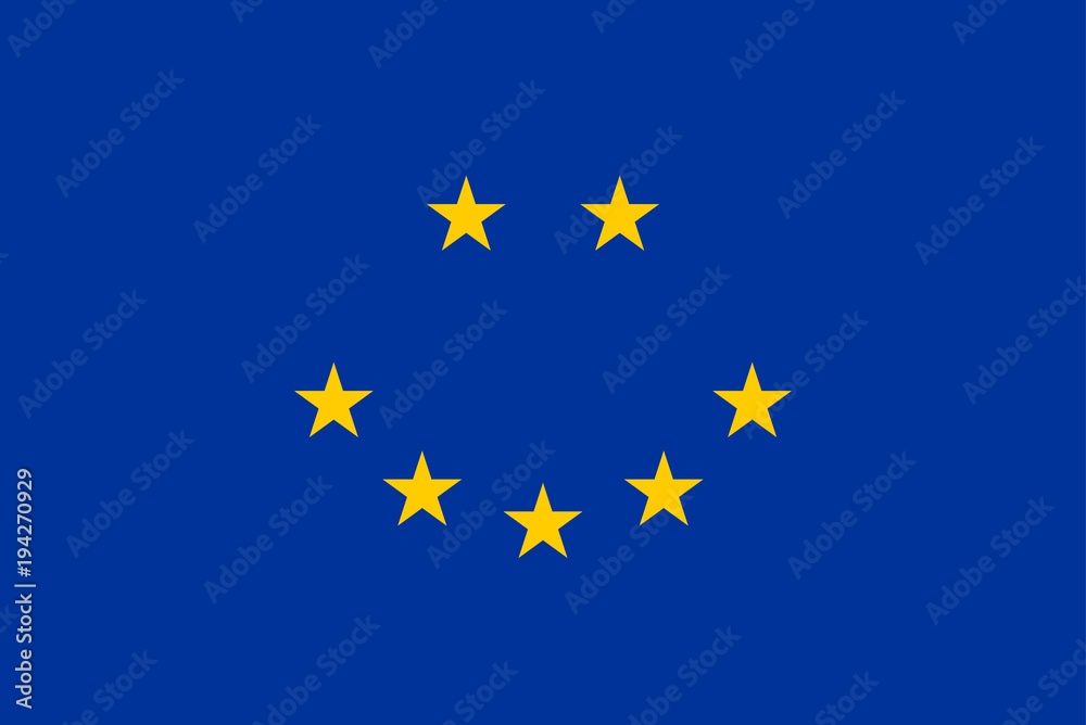 Happy face, made of the European Union flag. Representation of a smiling face, made of seven yellow five-pointed stars of the European flag, with blue background. Illustration. Vector. Happy face, made of the European Union flag. Representation of a smiling face, made of seven yellow five-pointed stars of the European flag, with blue background. Illustration. Vector.