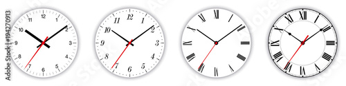 Four different clock faces over white, with regular, italic and fraktur numerals. Parts of analog clocks, or watches. Displays time through the use of a dial and moving hands. Illustration. Vector.