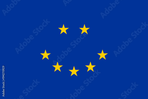Happy face, made of the European Union flag. Representation of a smiling face, made of seven yellow five-pointed stars of the European flag, with blue background. Illustration. Vector.
