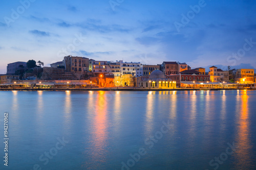 Architecture of Chania at night with Old Venetian port on Crete. Greece