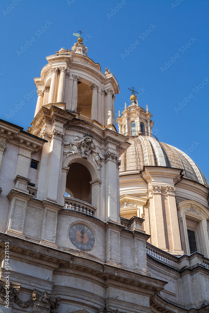A lovely day of snow in Rome, Italy, 26th February 2018: a beautiful view of Saint Agnese in Agone in Navona Square under the snow