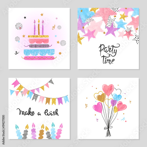 Happy Birthday cards set. Celebration colorful vector illustrations with birthday cake, balloons and stars.