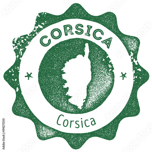 Corsica map vintage stamp. Retro style handmade label, badge or element for travel souvenirs. Dark green rubber stamp with island map silhouette. Vector illustration.