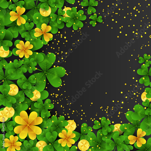 Saint Patrick s Day frame with green and gold four and three Leaf clovers,golden coins on black background. Party invitation template. Lucky,success and money symbols vector illustration.