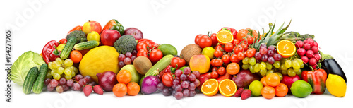 Large collection healthy fruits, vegetables, berries, isolated on white