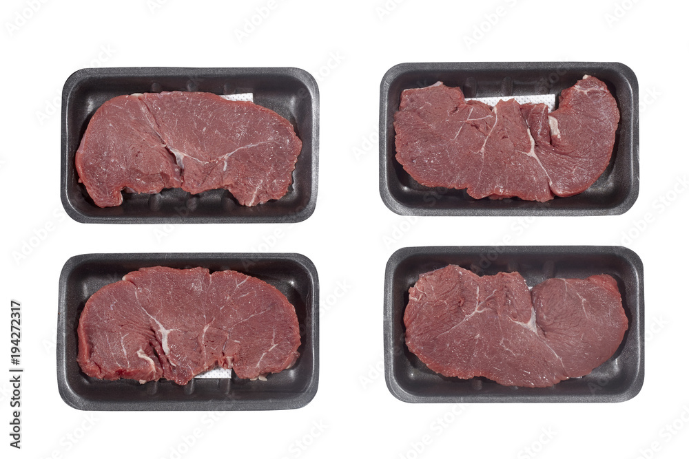 Supermarket plastic tray with veal isolated on white background. Top view
Supermarket plastic tray with veal isolated on white background. Top view