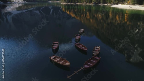 Lago di Braies. Northern Italy. Aerial. 4K