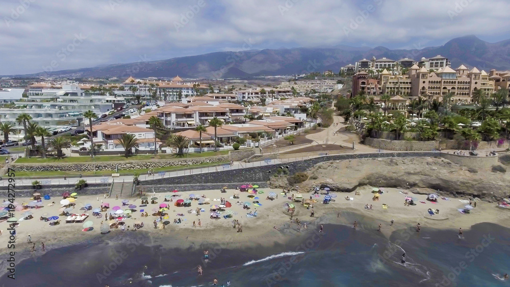 Playa de Las Americas in Tenerife. Aerial view of coastline