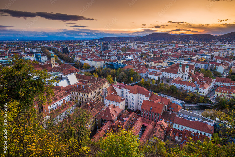 Aerial view of the city of Graz at sunset, Styria, Austria