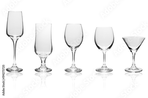 Various kinds of wine glasses isolated on white background with clipping path