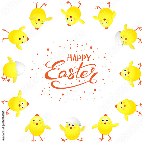 Yellow chickens on white background and text Happy Easter