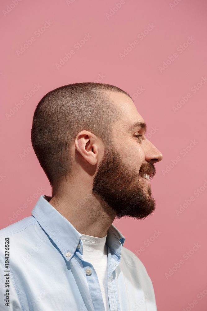 Isolated on pink young casual man smiling at studio Isolated on pink young casual man smiling at studio
