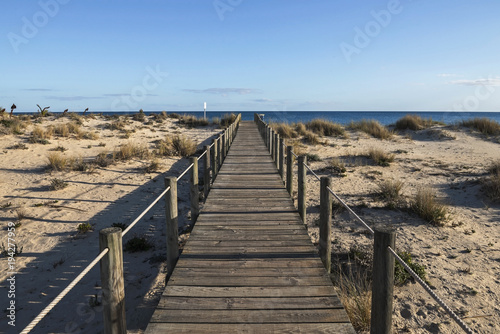 Wooden bridge leading through the dunes to the Atlantic Ocean  Portugal