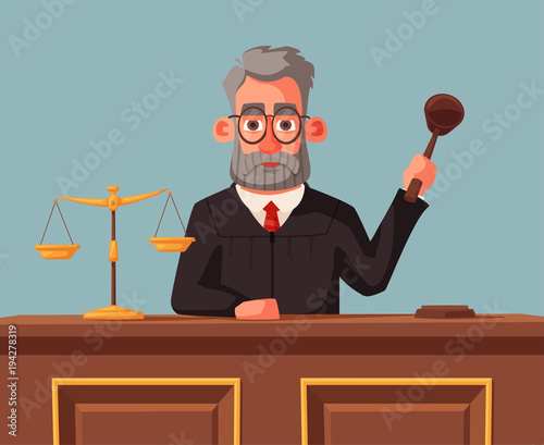 Judge character with hammer. Cartoon vector illustration