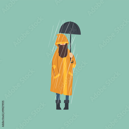 Bearded man in orange raincoat with umbrella over autumn rain vector Illustration