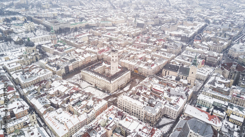 February, 2018 - Lviv, Ukraine. Top View of Lviv City Centre in snow from above in winter