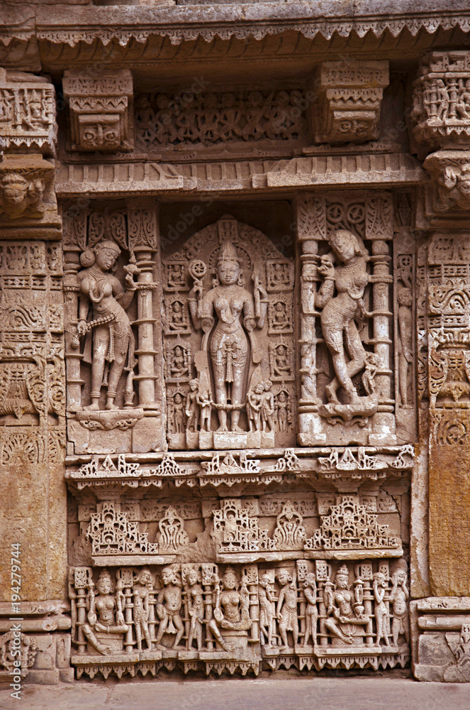 Parvati's penance, Inner wall of Rani ki vav,  an intricately constructed stepwell on the banks of Saraswati River. Patan, Gujarat, India