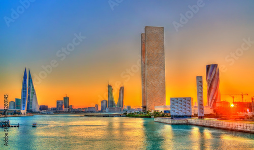 Skyline of Manama at sunset. The Kingdom of Bahrain